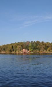 Preview wallpaper lake, island, forest, trees, house, nature