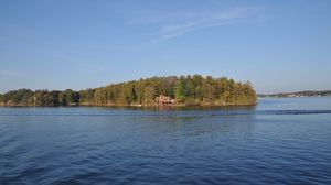 Preview wallpaper lake, island, forest, trees, house, nature