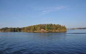 Preview wallpaper lake, island, forest, trees, house, nature