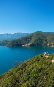 Preview wallpaper lake, island, mountain, sky, top view