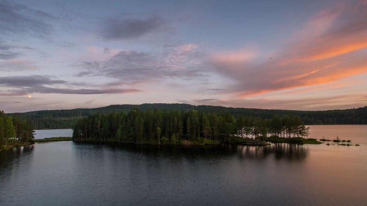 Wallpaper lake, island, trees, sky, sunset