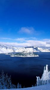 Preview wallpaper lake, island, winter, trees, snow, mountains