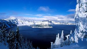 Preview wallpaper lake, island, winter, trees, snow, mountains