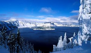 Preview wallpaper lake, island, winter, trees, snow, mountains