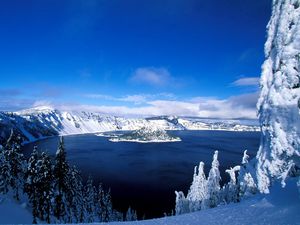 Preview wallpaper lake, island, winter, trees, snow, mountains