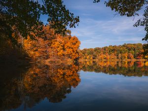 Preview wallpaper lake, landscape, autumn, trees, reflection