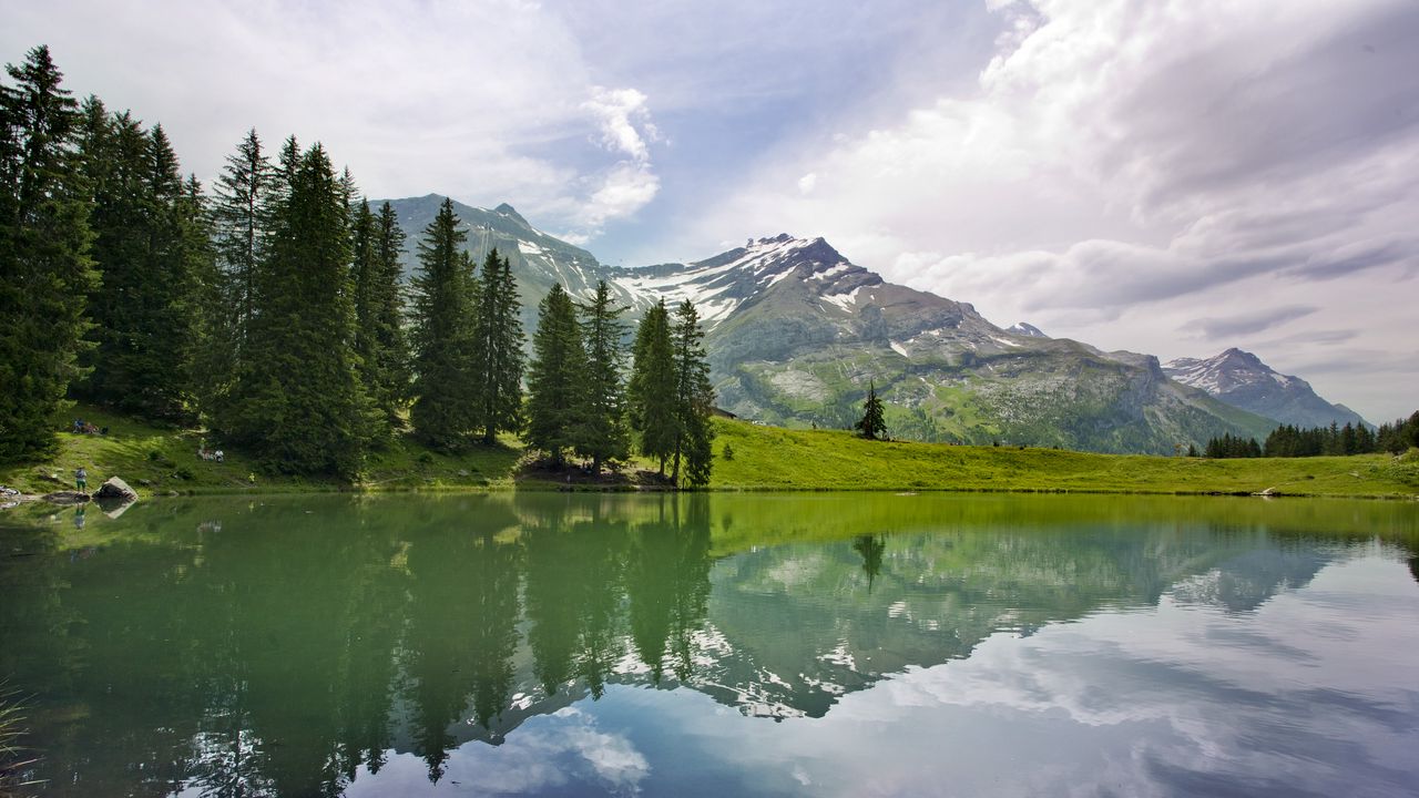 Wallpaper lake, landscape, trees, mountains, reflection