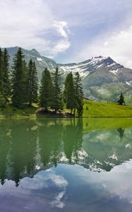 Preview wallpaper lake, landscape, trees, mountains, reflection