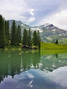 Preview wallpaper lake, landscape, trees, mountains, reflection