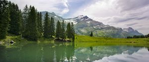 Preview wallpaper lake, landscape, trees, mountains, reflection