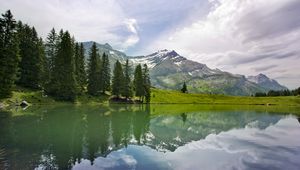 Preview wallpaper lake, landscape, trees, mountains, reflection