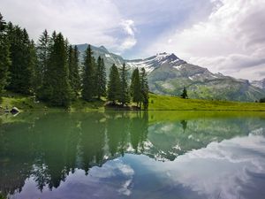 Preview wallpaper lake, landscape, trees, mountains, reflection