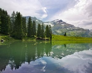 Preview wallpaper lake, landscape, trees, mountains, reflection