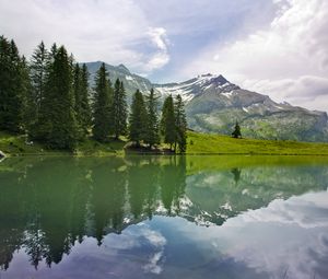 Preview wallpaper lake, landscape, trees, mountains, reflection