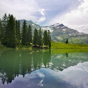Preview wallpaper lake, landscape, trees, mountains, reflection