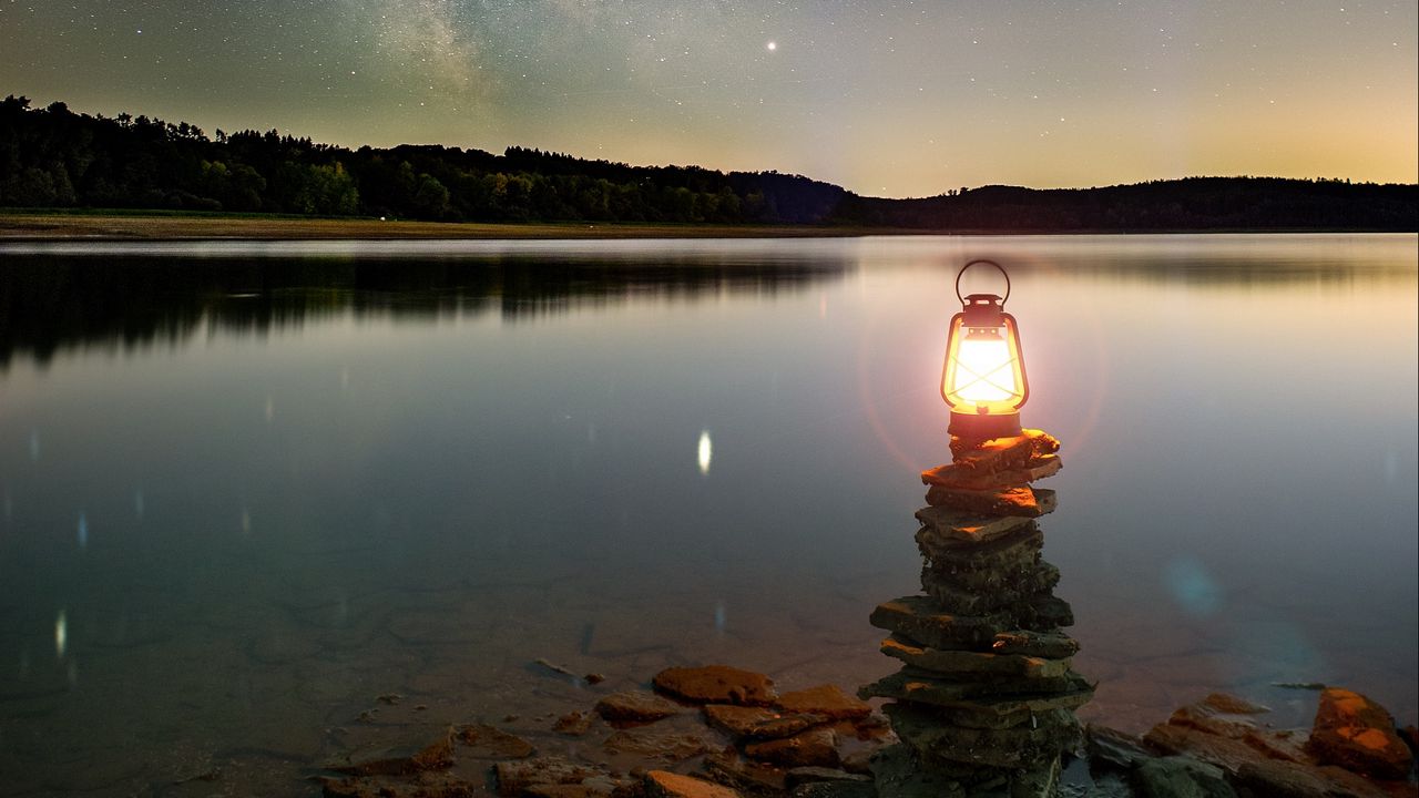 Wallpaper lake, lantern, night, shore, stones