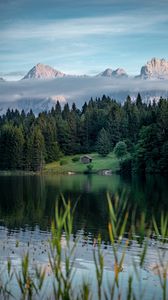 Preview wallpaper lake, lawn, house, forest, mountains, nature