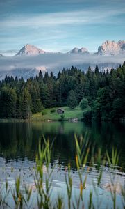 Preview wallpaper lake, lawn, house, forest, mountains, nature