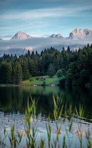 Preview wallpaper lake, lawn, house, forest, mountains, nature