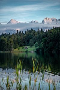 Preview wallpaper lake, lawn, house, forest, mountains, nature