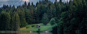 Preview wallpaper lake, lawn, house, forest, mountains, nature