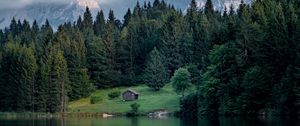 Preview wallpaper lake, lawn, house, forest, mountains, nature