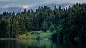 Preview wallpaper lake, lawn, house, forest, mountains, nature