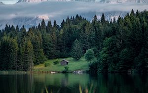 Preview wallpaper lake, lawn, house, forest, mountains, nature