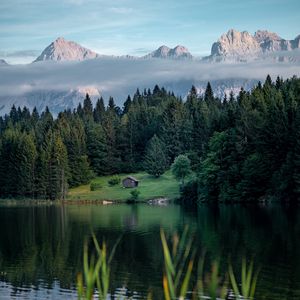 Preview wallpaper lake, lawn, house, forest, mountains, nature