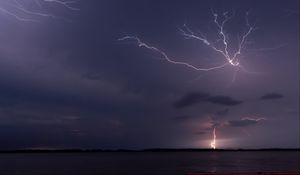 Preview wallpaper lake, lightning, sky, evening