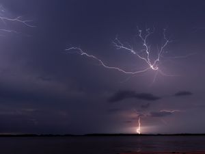 Preview wallpaper lake, lightning, sky, evening
