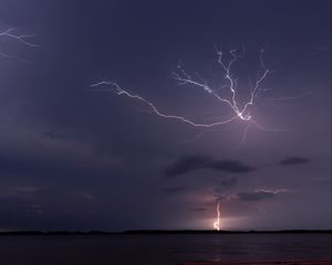 Preview wallpaper lake, lightning, sky, evening