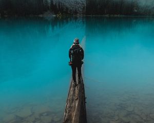 Preview wallpaper lake, log, human, water, nature