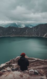 Preview wallpaper lake, man, loneliness, cliff, rocks