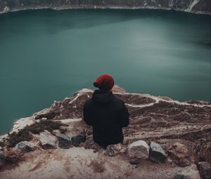 Preview wallpaper lake, man, loneliness, cliff, rocks