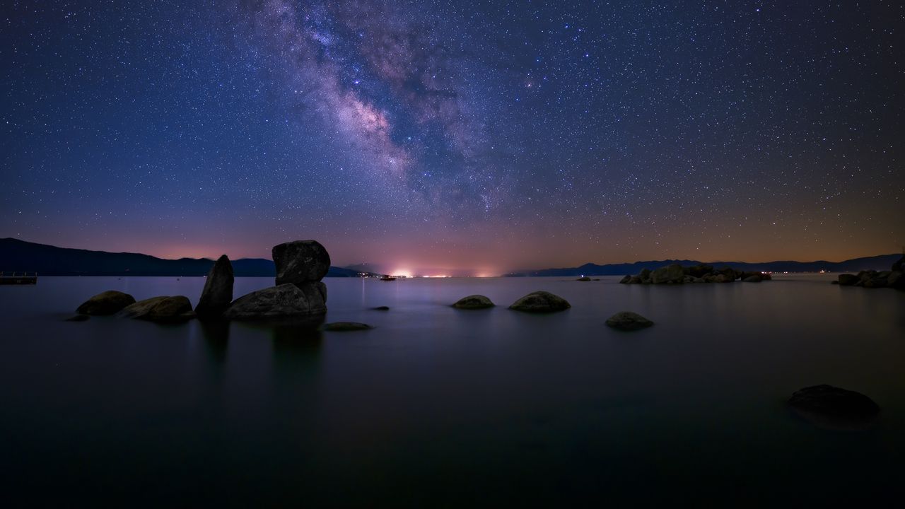 Wallpaper lake, milky way, night, stones