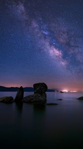 Preview wallpaper lake, milky way, night, stones