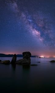 Preview wallpaper lake, milky way, night, stones