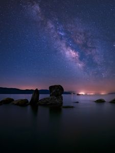 Preview wallpaper lake, milky way, night, stones