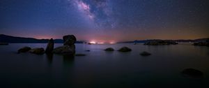 Preview wallpaper lake, milky way, night, stones