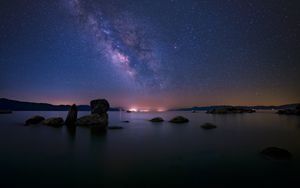 Preview wallpaper lake, milky way, night, stones