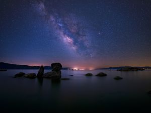 Preview wallpaper lake, milky way, night, stones