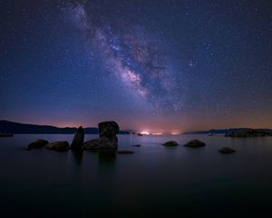 Preview wallpaper lake, milky way, night, stones