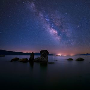 Preview wallpaper lake, milky way, night, stones