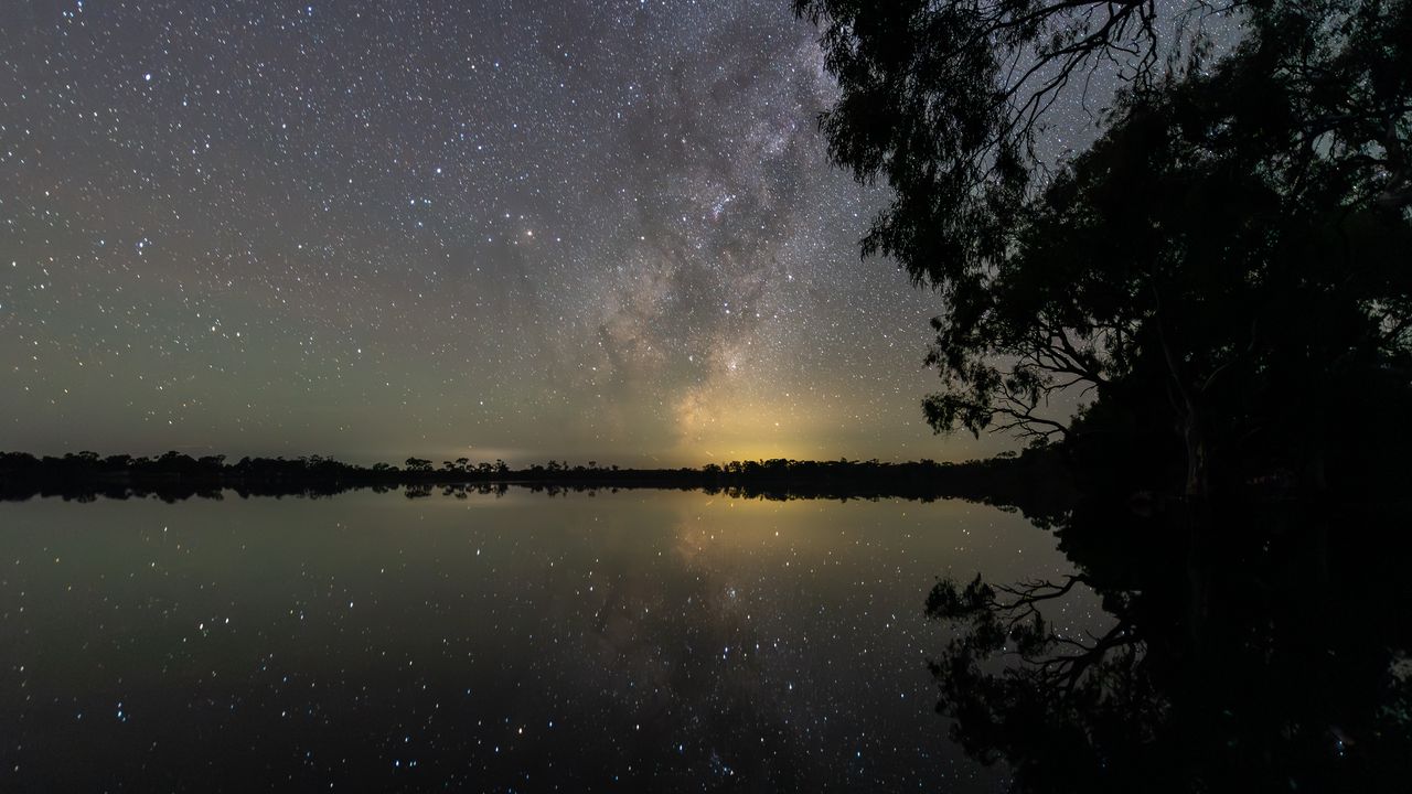 Wallpaper lake, milky way, night, trees