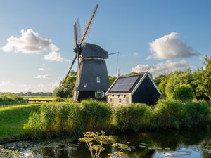 Preview wallpaper lake, mill, house, summer, nature