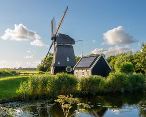 Preview wallpaper lake, mill, house, summer, nature