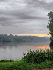 Preview wallpaper lake, morning, cloudy, trees, coast, nettle