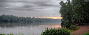Preview wallpaper lake, morning, cloudy, trees, coast, nettle