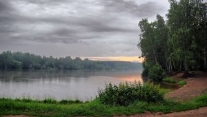 Preview wallpaper lake, morning, cloudy, trees, coast, nettle